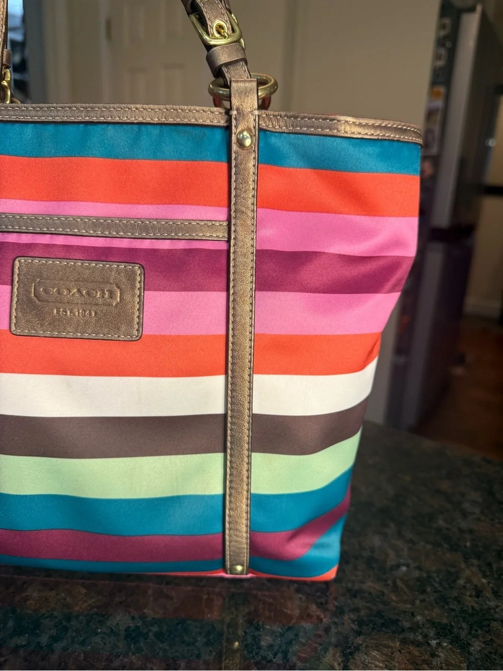 Coach Small Legacy Stripe Tote with Metallic Bronze Trim